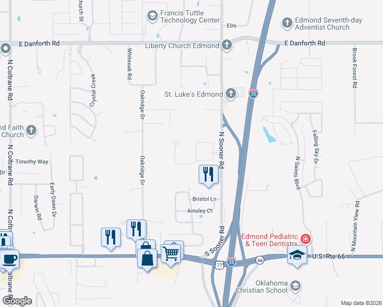 map of restaurants, bars, coffee shops, grocery stores, and more near 501 Siena Drive in Edmond
