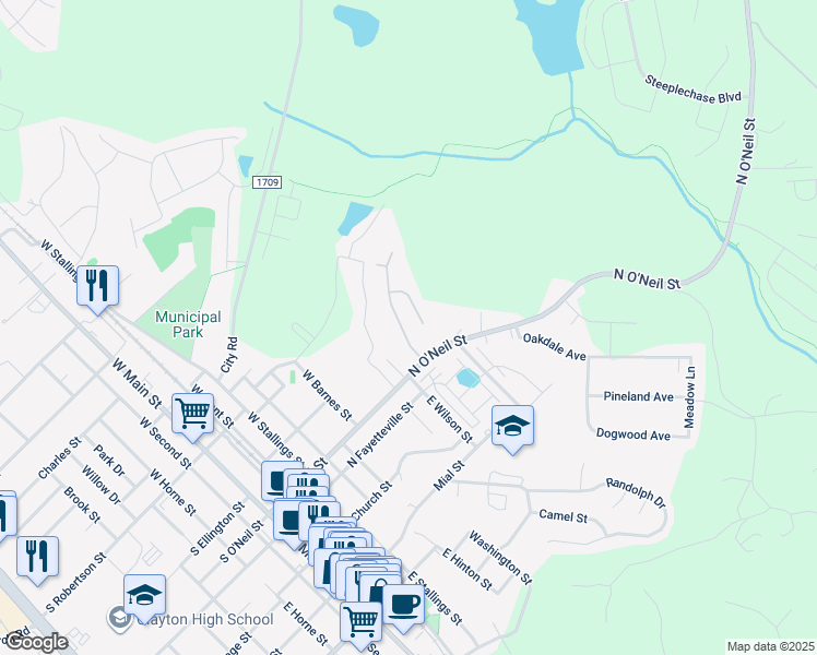 map of restaurants, bars, coffee shops, grocery stores, and more near 128 Georgetowne Drive in Clayton