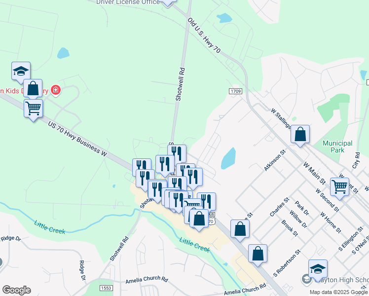 map of restaurants, bars, coffee shops, grocery stores, and more near 1299 Mechanical Drive in Clayton