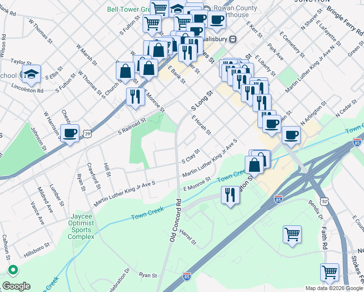map of restaurants, bars, coffee shops, grocery stores, and more near 524 Sonny Acres Drive in Salisbury