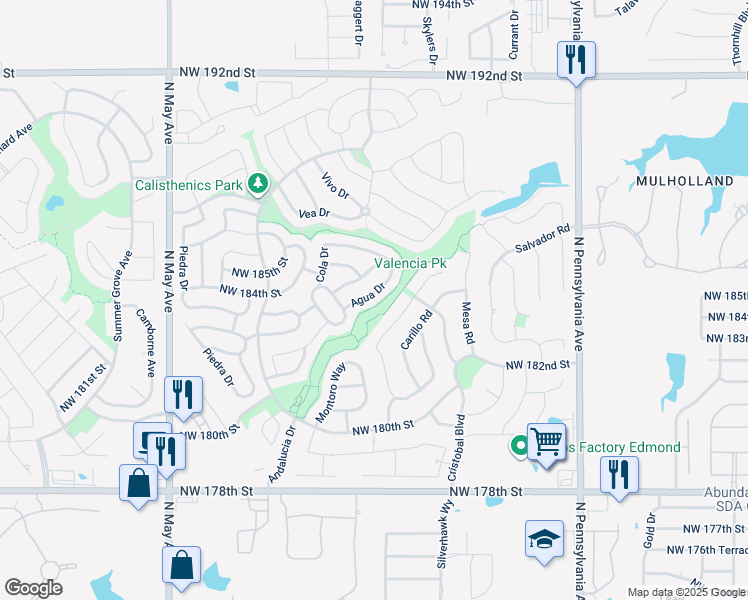 map of restaurants, bars, coffee shops, grocery stores, and more near 18520 Agua Drive in Edmond