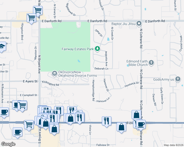 map of restaurants, bars, coffee shops, grocery stores, and more near 2119 Trailwood Road in Edmond