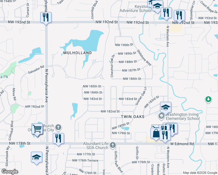 map of restaurants, bars, coffee shops, grocery stores, and more near 18509 Chestnut Oak Drive in Edmond