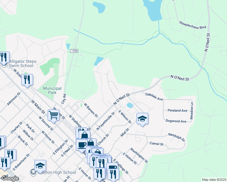 map of restaurants, bars, coffee shops, grocery stores, and more near 140 Smart Court in Clayton
