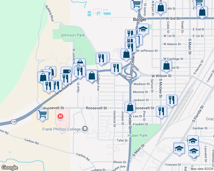 map of restaurants, bars, coffee shops, grocery stores, and more near 1109 Madison Street in Borger