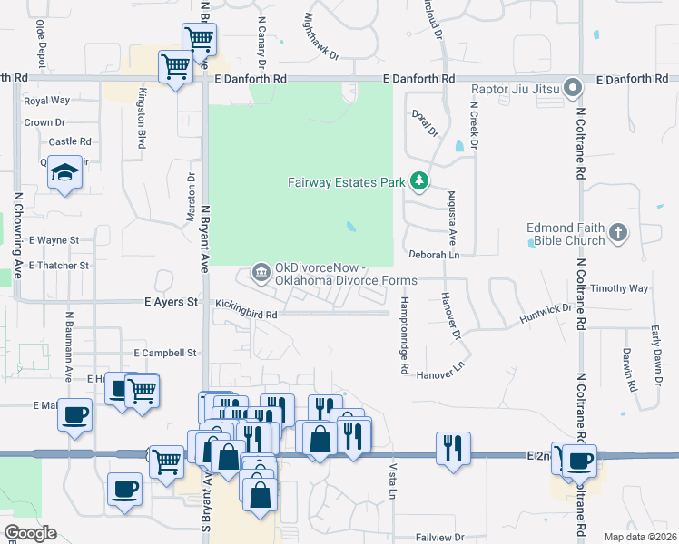 map of restaurants, bars, coffee shops, grocery stores, and more near 2013 Three Stars Road in Edmond