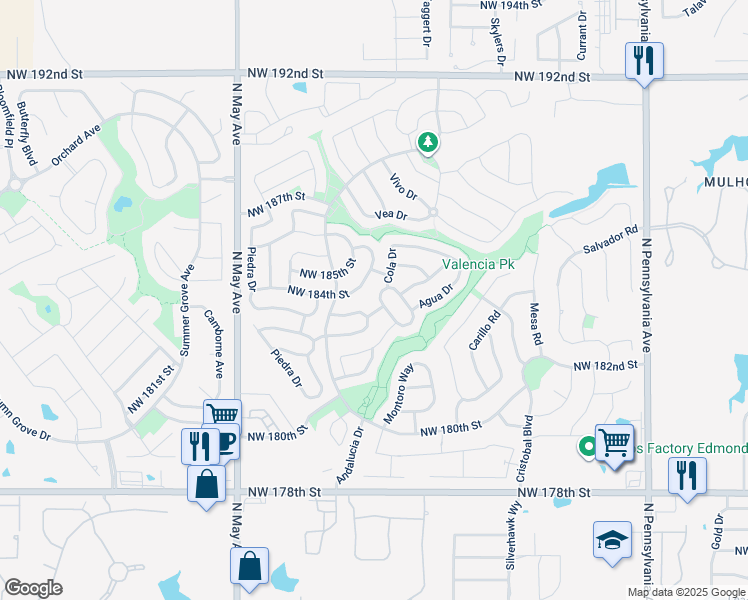 map of restaurants, bars, coffee shops, grocery stores, and more near 18505 Abierto Drive in Edmond
