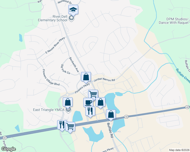 map of restaurants, bars, coffee shops, grocery stores, and more near 103 Pale Moss Drive in Clayton