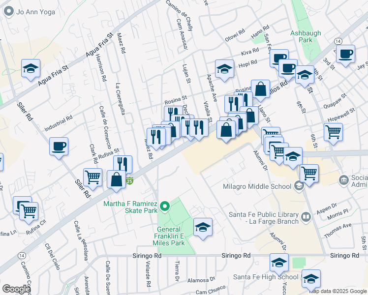 map of restaurants, bars, coffee shops, grocery stores, and more near 2516 Cerrillos Road in Santa Fe