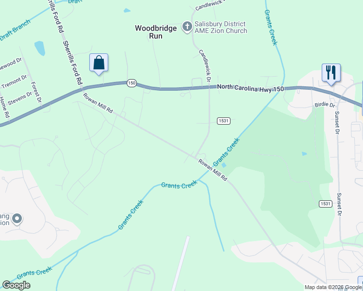 map of restaurants, bars, coffee shops, grocery stores, and more near 1216 Rowan Mill Road in Salisbury