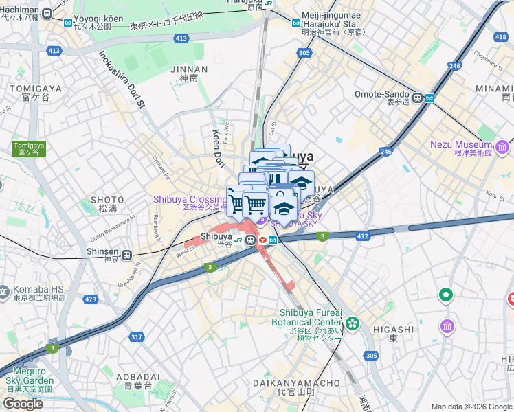 map of restaurants, bars, coffee shops, grocery stores, and more near in Shibuya