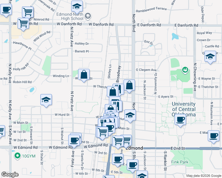 map of restaurants, bars, coffee shops, grocery stores, and more near 416 Victory Road in Edmond
