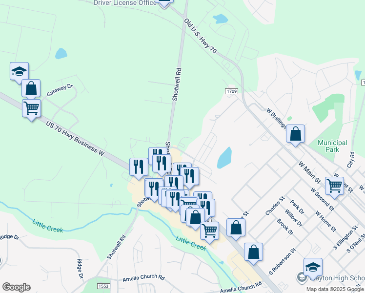 map of restaurants, bars, coffee shops, grocery stores, and more near 1299 Mechanical Drive in Clayton