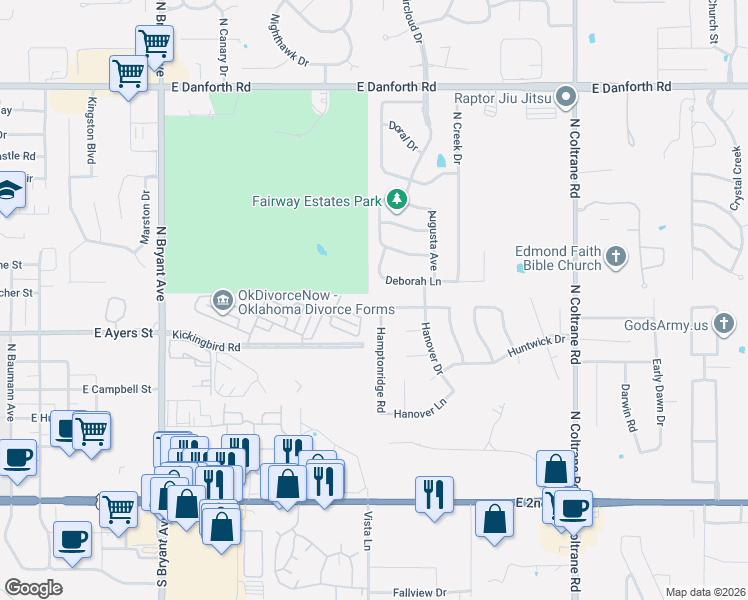 map of restaurants, bars, coffee shops, grocery stores, and more near 2119 Trailwood Road in Edmond