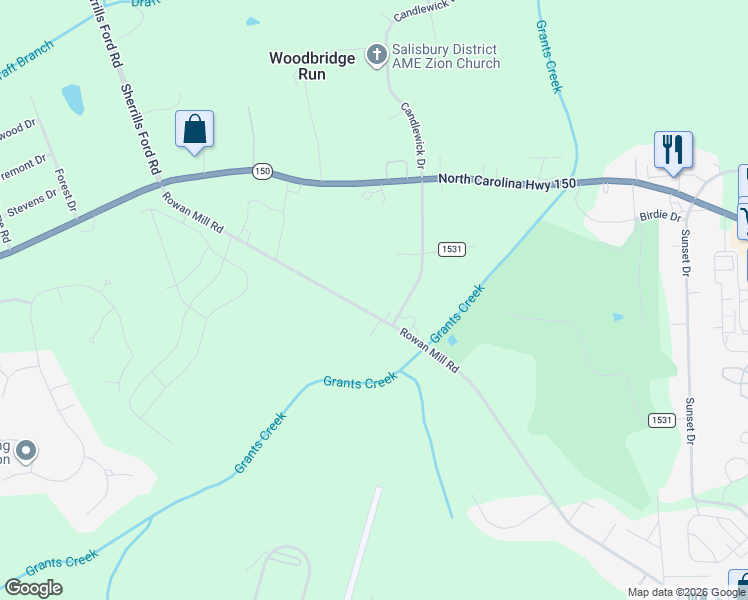 map of restaurants, bars, coffee shops, grocery stores, and more near 1216 Rowan Mill Road in Salisbury