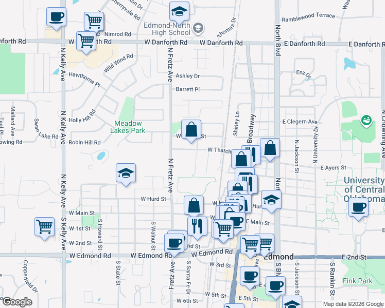 map of restaurants, bars, coffee shops, grocery stores, and more near 416 Chalk Hill Court in Edmond