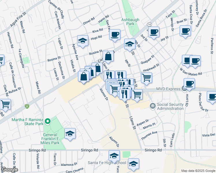 map of restaurants, bars, coffee shops, grocery stores, and more near 1604 Saint Michaels Drive in Santa Fe