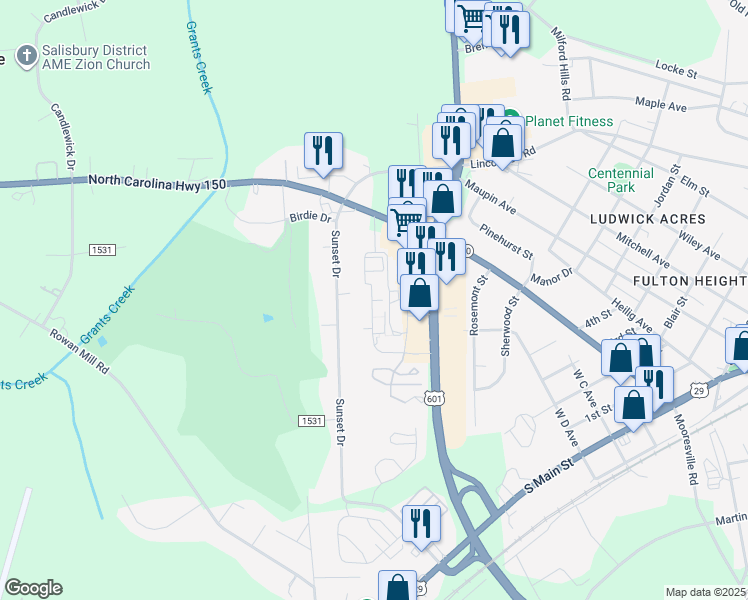 map of restaurants, bars, coffee shops, grocery stores, and more near 200 Castlewood Drive in Salisbury