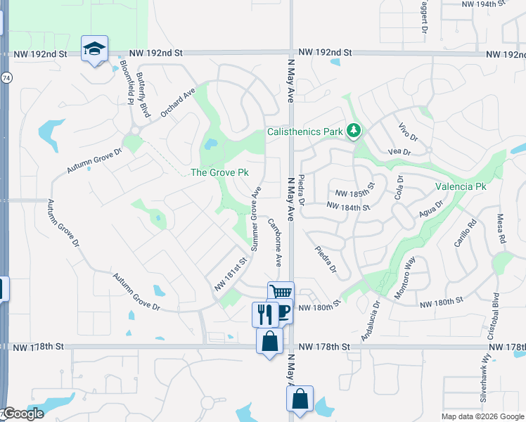 map of restaurants, bars, coffee shops, grocery stores, and more near 18432 Camborne Avenue in Edmond