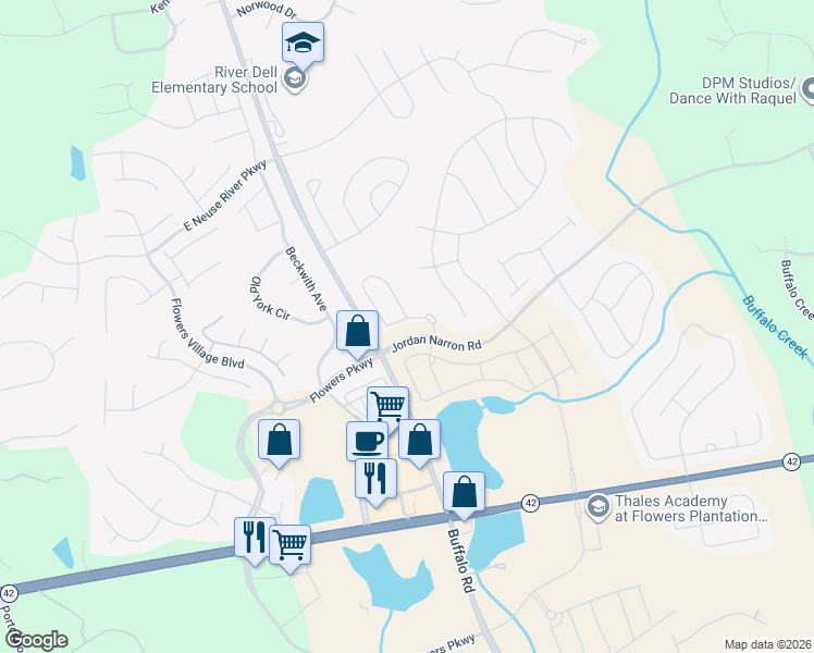 map of restaurants, bars, coffee shops, grocery stores, and more near 91 Pale Moss Drive in Clayton