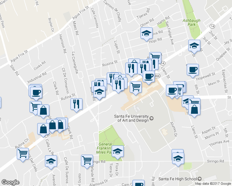 map of restaurants, bars, coffee shops, grocery stores, and more near 3600 Cerrillos Rd in Santa Fe