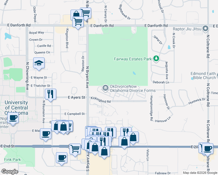 map of restaurants, bars, coffee shops, grocery stores, and more near 1700 Windhill Avenue in Edmond