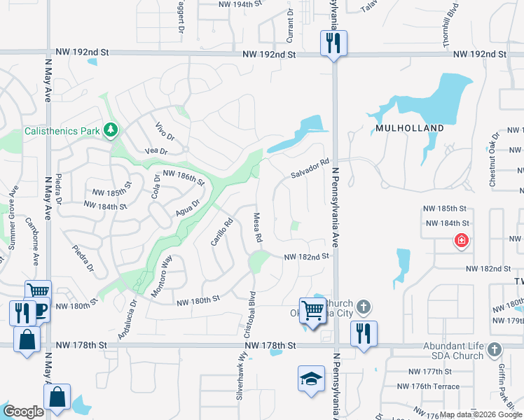 map of restaurants, bars, coffee shops, grocery stores, and more near 18500 Mesa Road in Edmond