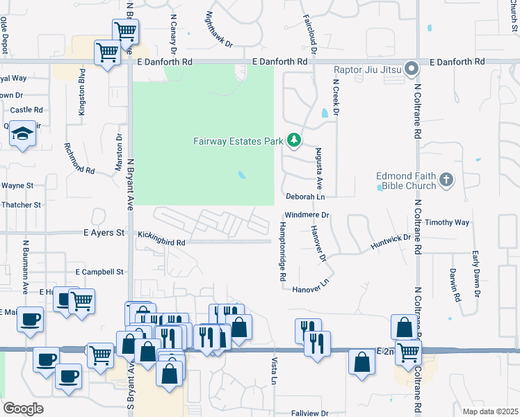 map of restaurants, bars, coffee shops, grocery stores, and more near 2119 Trailwood Road in Edmond