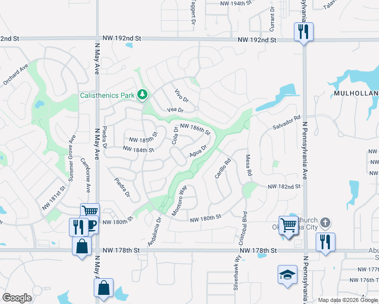 map of restaurants, bars, coffee shops, grocery stores, and more near 18305 Cola Drive in Edmond