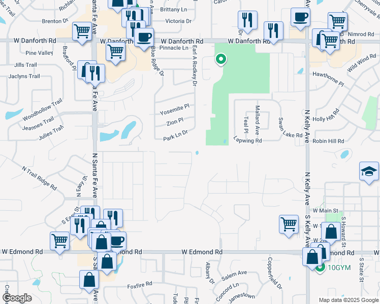 map of restaurants, bars, coffee shops, grocery stores, and more near Savannah Lane in Edmond