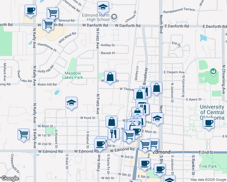 map of restaurants, bars, coffee shops, grocery stores, and more near 416 Chalk Hill Court in Edmond