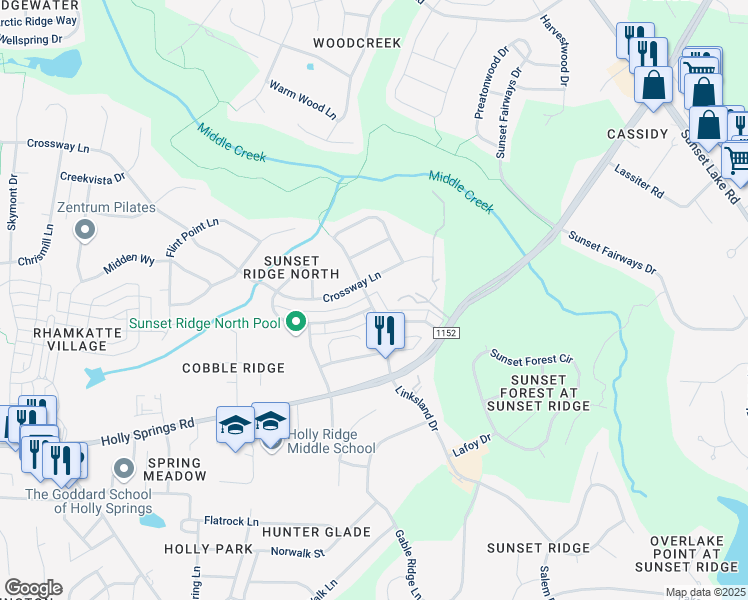 map of restaurants, bars, coffee shops, grocery stores, and more near 4833 Linksland Drive in Holly Springs