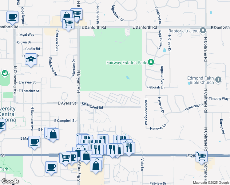 map of restaurants, bars, coffee shops, grocery stores, and more near 1911 Three Stars Road in Edmond