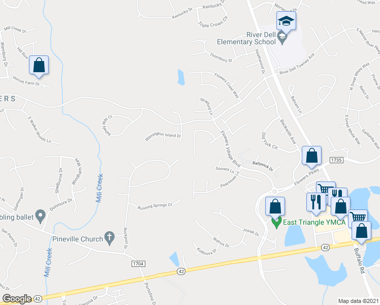 map of restaurants, bars, coffee shops, grocery stores, and more near 230 Chatsworth Lane in Clayton