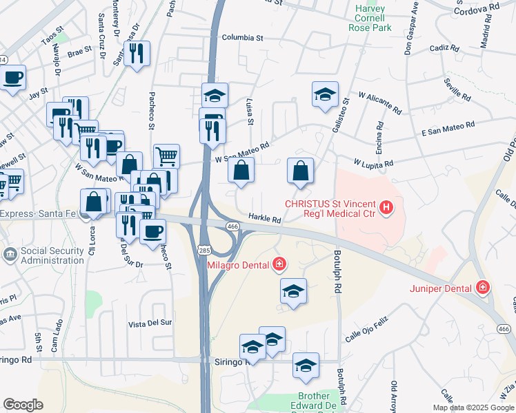map of restaurants, bars, coffee shops, grocery stores, and more near 635 Harkle Road in Santa Fe