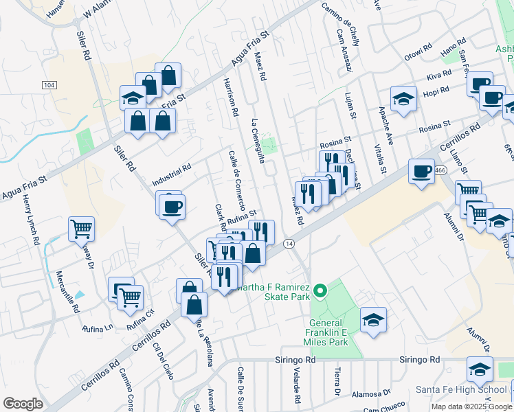 map of restaurants, bars, coffee shops, grocery stores, and more near 1273 Rufina Street in Santa Fe