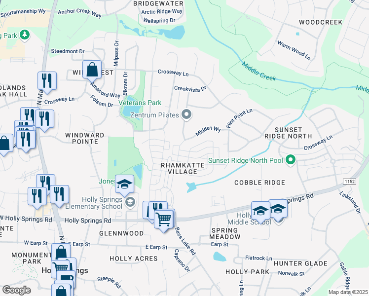 map of restaurants, bars, coffee shops, grocery stores, and more near 216 Beldenshire Way in Holly Springs