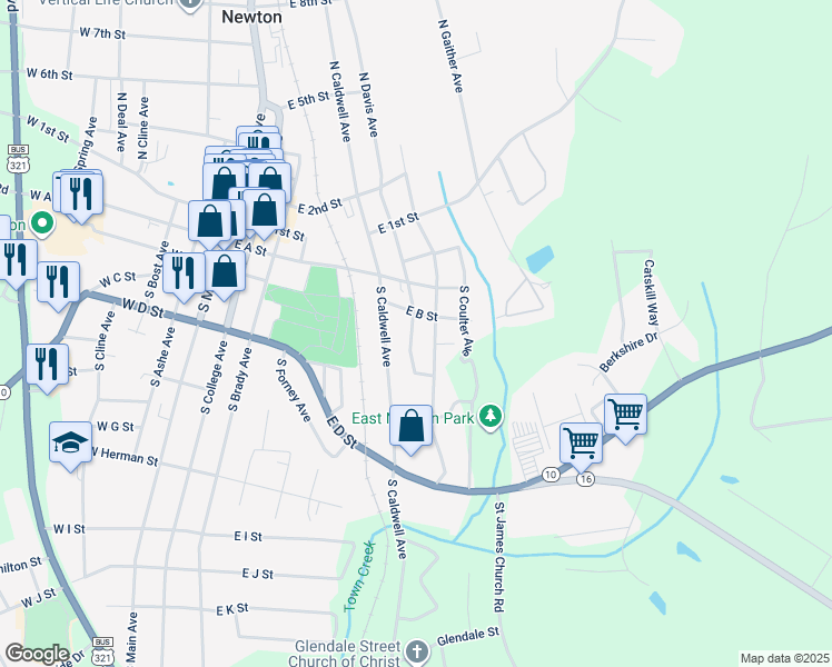 map of restaurants, bars, coffee shops, grocery stores, and more near 115 South Davis Avenue in Newton