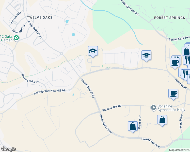map of restaurants, bars, coffee shops, grocery stores, and more near 11501 Holly Springs New Hill Road in Apex