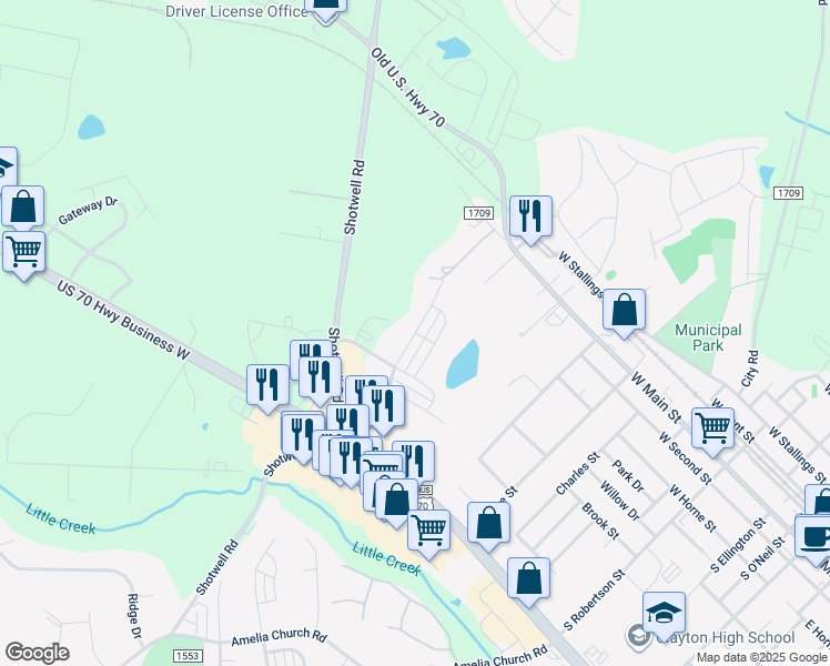 map of restaurants, bars, coffee shops, grocery stores, and more near 144 Enterprise Drive in Clayton
