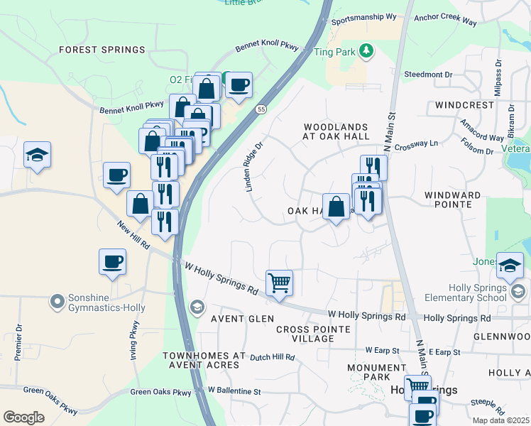 map of restaurants, bars, coffee shops, grocery stores, and more near 1209 Linden Ridge Drive in Holly Springs