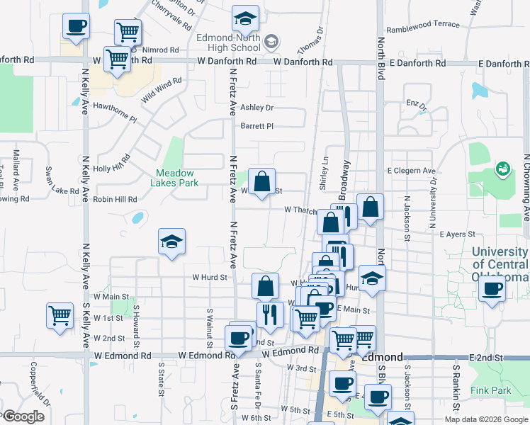 map of restaurants, bars, coffee shops, grocery stores, and more near 416 Chalk Hill Court in Edmond