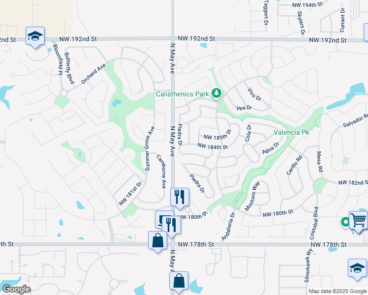 map of restaurants, bars, coffee shops, grocery stores, and more near 2852 Northwest 184th Street in Edmond