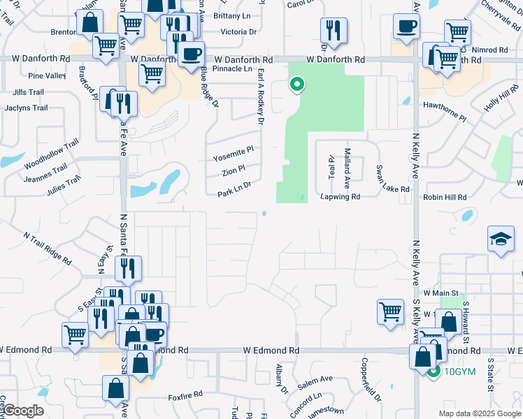 map of restaurants, bars, coffee shops, grocery stores, and more near 424 Kristy Drive in Edmond