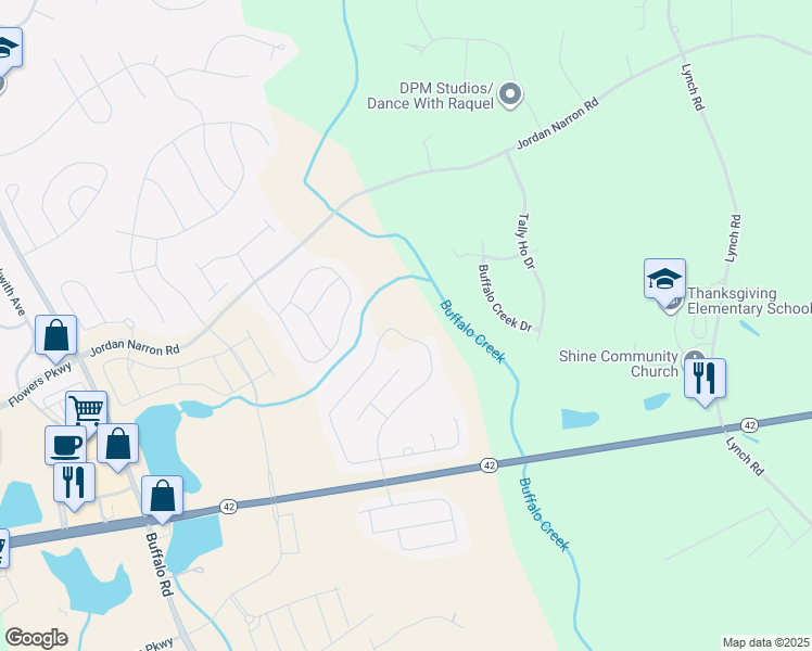 map of restaurants, bars, coffee shops, grocery stores, and more near 242 Mallard Loop Drive in Clayton