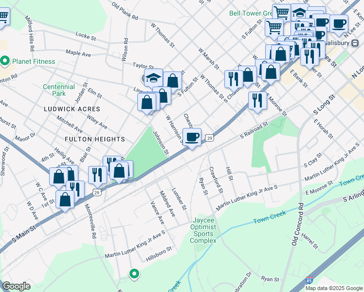map of restaurants, bars, coffee shops, grocery stores, and more near 1008 South Main Street in Salisbury