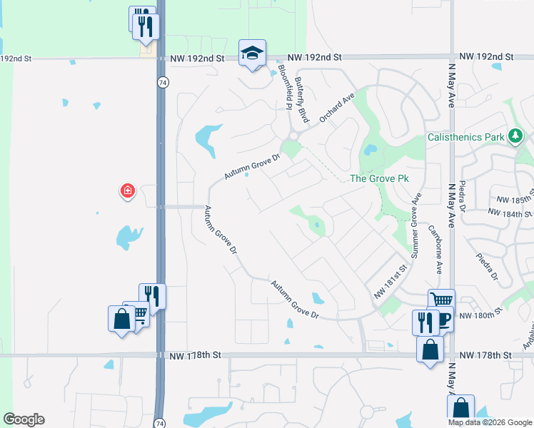 map of restaurants, bars, coffee shops, grocery stores, and more near 18509 Haslemere Lane in Edmond