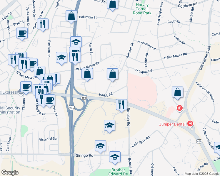 map of restaurants, bars, coffee shops, grocery stores, and more near 1691B Galisteo Street in Santa Fe