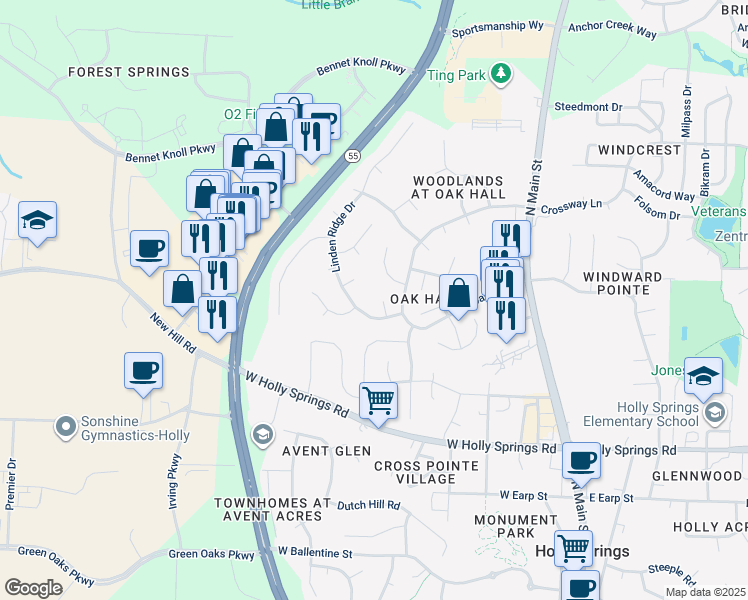 map of restaurants, bars, coffee shops, grocery stores, and more near 109 Volta Place in Holly Springs