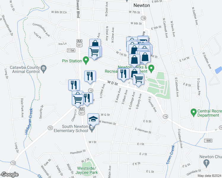 map of restaurants, bars, coffee shops, grocery stores, and more near 345 South Cline Avenue in Newton
